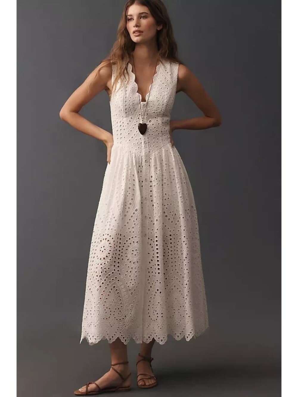 NWT Avec Les Filles White Cotton Eyelet Sleeveless Midi Dress 4 Scalloped